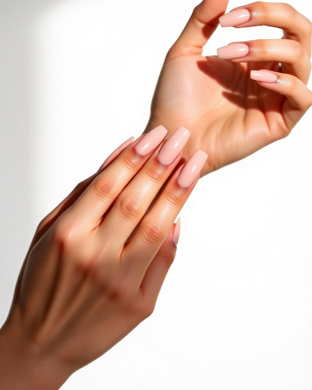 Mãos com unhas elegantes em rosa nude